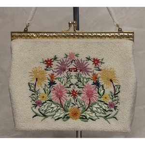 Vintage Beaded Embroidered White Crystal Handbag